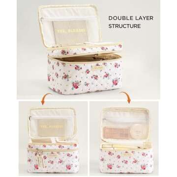HBselect 2Pcs Double Layer Travel Makeup Bag Women, Cotton Quilted Makeup Bag Coquette Makeup Bag La...