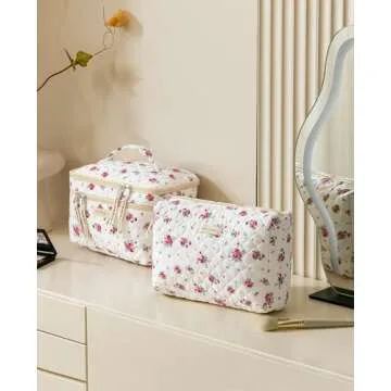 HBselect 2Pcs Double Layer Travel Makeup Bag Women, Cotton Quilted Makeup Bag Coquette Makeup Bag Large Travel Cosmetic Bag Aesthetic Cute Kawaii Cherry Makeup Bag Toiletry Bags for Women Girls