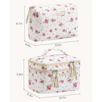 HBselect 2Pcs Double Layer Travel Makeup Bag Women, Cotton Quilted Makeup Bag Coquette Makeup Bag Large Travel Cosmetic Bag Aesthetic Cute Kawaii Cherry Makeup Bag Toiletry Bags for Women Girls