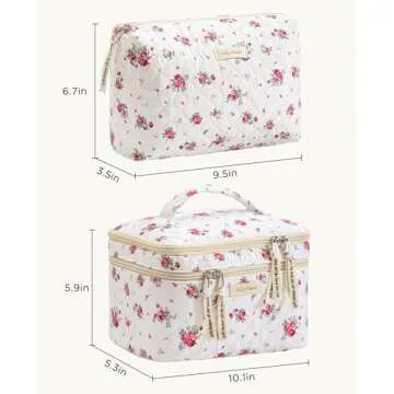 HBselect 2Pcs Double Layer Travel Makeup Bag Women, Cotton Quilted Makeup Bag Coquette Makeup Bag Large Travel Cosmetic Bag Aesthetic Cute Kawaii Cherry Makeup Bag Toiletry Bags for Women Girls