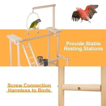 Ibnotuiy Pet Parrot Playstand Parrots Bird Playground Bird Play Stand Wood Perch Gym Playpen Ladder with Feeder Cups Bells for Cockatiel Parakeet (3 Layers)