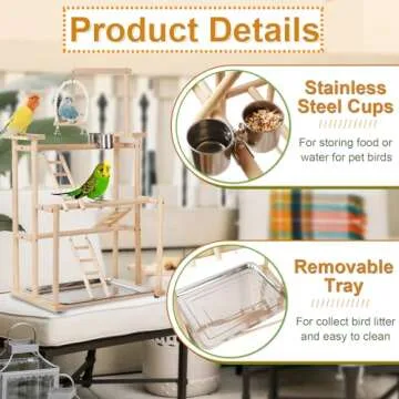 Ibnotuiy Pet Parrot Playstand Parrots Bird Playground Bird Play Stand Wood Perch Gym Playpen Ladder with Feeder Cups Bells for Cockatiel Parakeet (3 Layers)