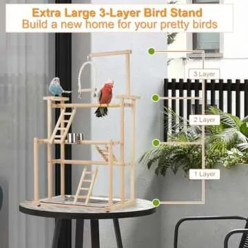 Ibnotuiy Pet Parrot Playstand Parrots Bird Playground Bird Play Stand Wood Perch Gym Playpen Ladder with Feeder Cups Bells for Cockatiel Parakeet (3 Layers)
