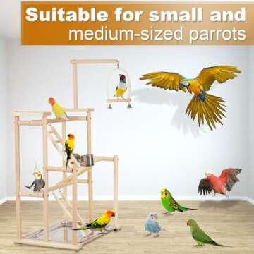 Ibnotuiy Pet Parrot Playstand Parrots Bird Playground Bird Play Stand Wood Perch Gym Playpen Ladder with Feeder Cups Bells for Cockatiel Parakeet (3 Layers)