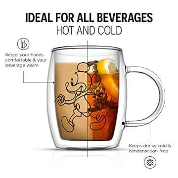 JoyJolt Aroma Disney Mickey and Pluto 13.5oz Glass Cups Set. 2 Insulated Double Wall Glass Coffee Cups, Insulated Coffee Cup Set. Unique Coffee Mugs, Large Espresso Cups. Disney Cups and Disney Mugs.