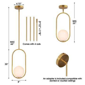 Bomluzo Modern Pendant Lighting Gold Hanging Light Fixture for Sloped Ceiling,Brass Pendant Lighting...