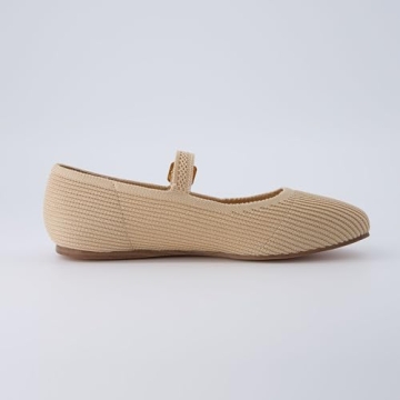 CUSHIONAIRE Women's Petal Mary Jane Knit Flat – Stretchy Textured Fabric, Adjustable Strap, Memory Foam, Available in Wide Widths, Comfortable & Lightweight Beige, 8.5