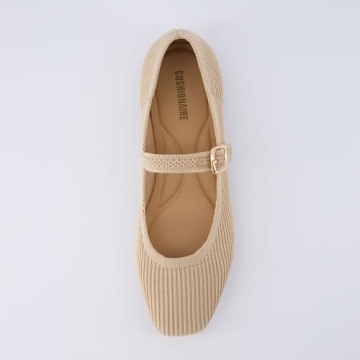 CUSHIONAIRE Women's Petal Mary Jane Knit Flat – Stretchy Textured Fabric, Adjustable Strap, Memory Foam, Available in Wide Widths, Comfortable & Lightweight Beige, 8.5