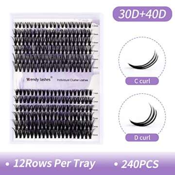 Individual Cluster Lashes 30D/40D Mixed Natural Eyelash Clusters C/D Curl 0.07mm Matte Black Soft 12...