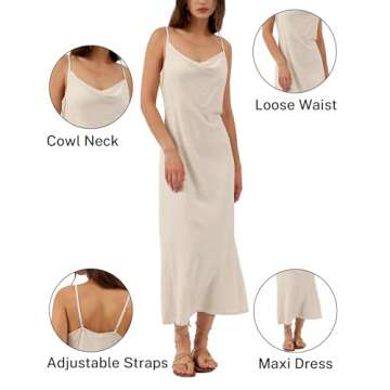 Xintianji Women's Linen Beach Long Casual Cowl Neck Spaghetti Strap Lounge Midi Dress Party Club Dresses Flax Small