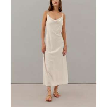 Xintianji Women's Linen Beach Long Casual Cowl Neck Spaghetti Strap Lounge Midi Dress Party Club Dresses Flax Small