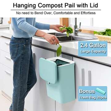 Tiyafuro 2.4 Gallon Kitchen Compost Bin for Counter Top or Under Sink, Hanging Small Trash Can with ...