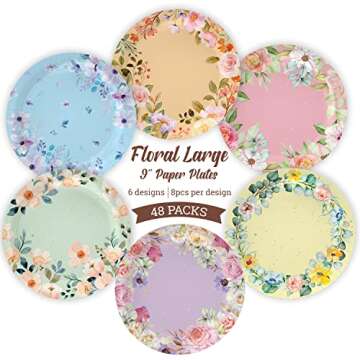 Joyful Toys Floral Paper Plates Party Supplies 9’’ | Pack of 48 | Elegant Disposable Vintage Gar...