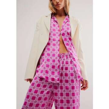 Women Soft Satin Pajamas Set Y2K Floral Long Sleeve Button Down Shirt Wide Leg Pants 2 Piece Silk Pj...