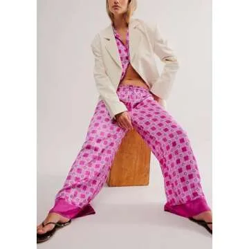 Women Soft Satin Pajamas Set Y2K Floral Long Sleeve Button Down Shirt Wide Leg Pants 2 Piece Silk Pjs Set Loungewear (Fuchsia Red, M)