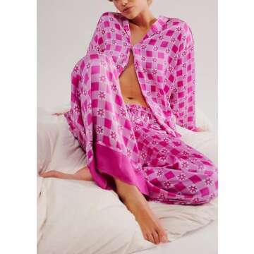 Women Soft Satin Pajamas Set Y2K Floral Long Sleeve Button Down Shirt Wide Leg Pants 2 Piece Silk Pjs Set Loungewear (Fuchsia Red, M)