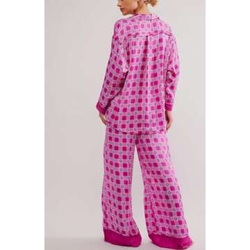 Women Soft Satin Pajamas Set Y2K Floral Long Sleeve Button Down Shirt Wide Leg Pants 2 Piece Silk Pjs Set Loungewear (Fuchsia Red, M)