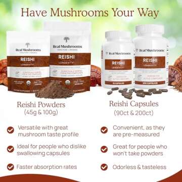 Real Mushrooms Reishi Powder - Organic Mushroom Extract Supplement with Potent Red for Longevity, Mood, Sleep, Immune Support Vegan Supplement, Non-GMO, 45 Servings