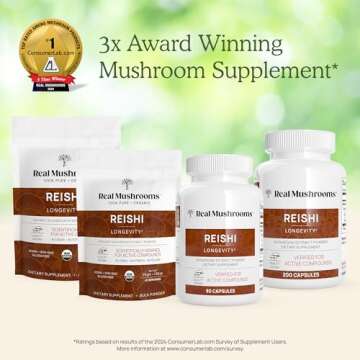 Real Mushrooms Reishi Powder - Organic Mushroom Extract Supplement with Potent Red for Longevity, Mood, Sleep, Immune Support Vegan Supplement, Non-GMO, 45 Servings