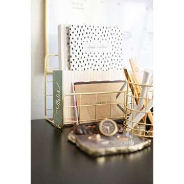 BLU MONACO Office Supplies Gold Desk Accessories for Women - 5 Piece Wire Gold Desk Organizer Set - Letter Sorter, Paper Tray, Pen Cup, Magazine File - Stationery Décor