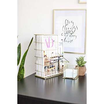 BLU MONACO Office Supplies Gold Desk Accessories for Women - 5 Piece Wire Gold Desk Organizer Set - Letter Sorter, Paper Tray, Pen Cup, Magazine File - Stationery Décor