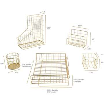 BLU MONACO Office Supplies Gold Desk Accessories for Women - 5 Piece Wire Gold Desk Organizer Set - Letter Sorter, Paper Tray, Pen Cup, Magazine File - Stationery Décor