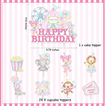 25PCS Circus Birthday Cake Toppers for Girls' Parties
