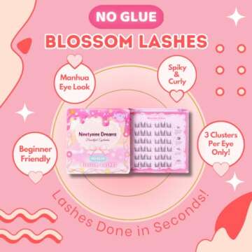 Ninetynine Dreams No Glue Blossom Self-Adhesive Lashes, 9-13mm Length, C++ Curl, Synthetic Fibers, Beginner Friendly Daily Soft Spiky Thin Transparent Self Adhesive Band DIY cluster Style
