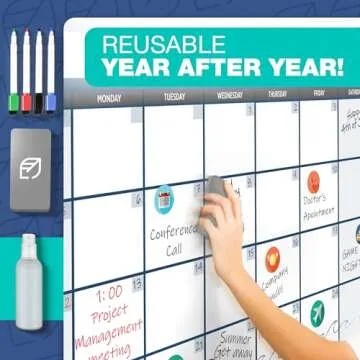 Dry Erase Calendar for Wall, 36"x48" - Undated, Reusable, Monthly - Large Whiteboard For School, Classroom & Office, Includes Markers, Eraser & Accessories