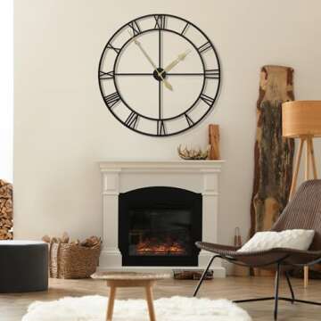 LEIKE 80CM Extra Large Wall Clock - 31" Oversize Modern Black Metal Roman Numeral Nearly Silent Litt...