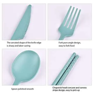 Camping Utensil Set, Reusable Utensils Set with Case, Plastic Cutlery Set Forks Spoon Tableware Chopsticks, Portable Cutlery Set for Travel Picnic Camping or Daily Use (Dark Green)