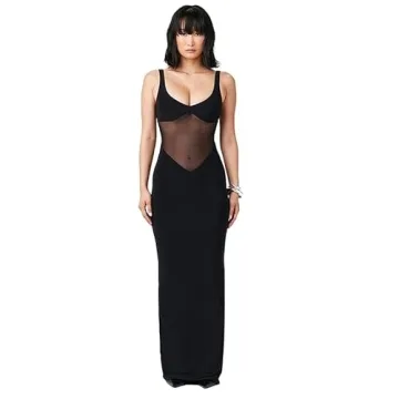 PWMENLK Women's Fashion Sexy Low-Cut See-Through Slim Fit Suspender Temperament Long Dress in Black