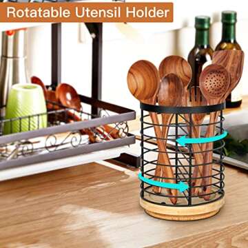Toosci Utensil Holder for Kitchen Counter, Large Cooking Utensil Holder, Black Metal+Bamboo Base Utensil Holder, Breathable and Easy to Dry+Rotating+Drainage Hole, Kitchen Countertop Utensil Organizer