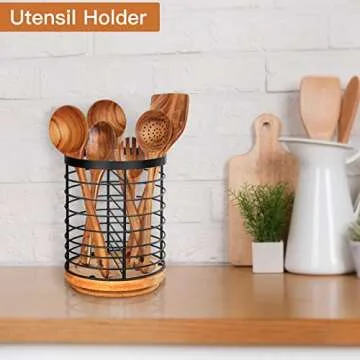 Toosci Utensil Holder for Kitchen Counter, Large Cooking Utensil Holder, Black Metal+Bamboo Base Utensil Holder, Breathable and Easy to Dry+Rotating+Drainage Hole, Kitchen Countertop Utensil Organizer