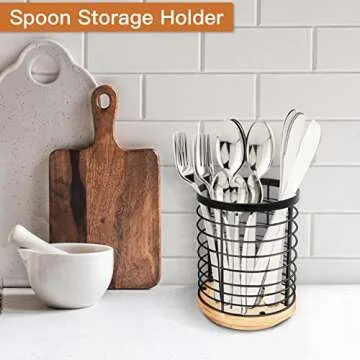 Toosci Utensil Holder for Kitchen Counter, Large Cooking Utensil Holder, Black Metal+Bamboo Base Utensil Holder, Breathable and Easy to Dry+Rotating+Drainage Hole, Kitchen Countertop Utensil Organizer