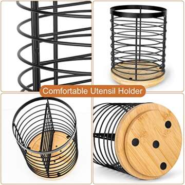 Toosci Utensil Holder for Kitchen Counter, Large Cooking Utensil Holder, Black Metal+Bamboo Base Utensil Holder, Breathable and Easy to Dry+Rotating+Drainage Hole, Kitchen Countertop Utensil Organizer