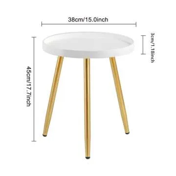 Round Side Table Wooden Tray Table with Metal Tripod Stand Nightstand Coffee Table End Table for Living Room Bedroom Office Small Spaces, 18" H x 15”D (White & Gold)