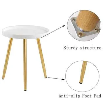 Round Side Table Wooden Tray Table with Metal Tripod Stand Nightstand Coffee Table End Table for Living Room Bedroom Office Small Spaces, 18" H x 15”D (White & Gold)