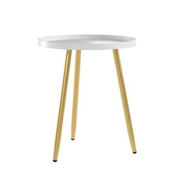 Round Side Table Wooden Tray Table with Metal Tripod Stand Nightstand Coffee Table End Table for Living Room Bedroom Office Small Spaces, 18" H x 15”D (White & Gold)