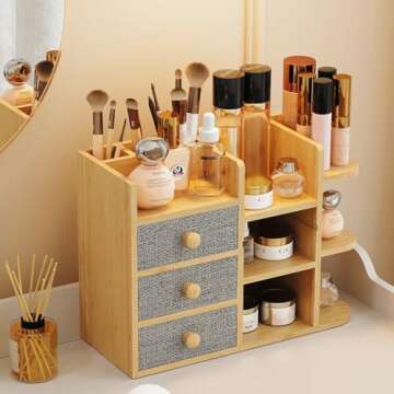 Makeup Organizer Countertop, Cosmetic Skincare Organizers With 3 Makeup Brush Holders/3 Drawers/7 St...