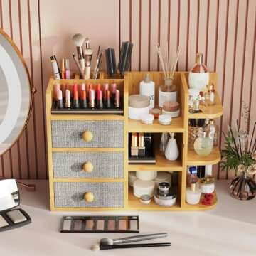 Makeup Organizer Countertop, Cosmetic Skincare Organizers With 3 Makeup Brush Holders/3 Drawers/7 Storage Shelves, Elegant Bamboo Make Up Storage Organizers Holder For Counter Vanity Dresser Bathroom