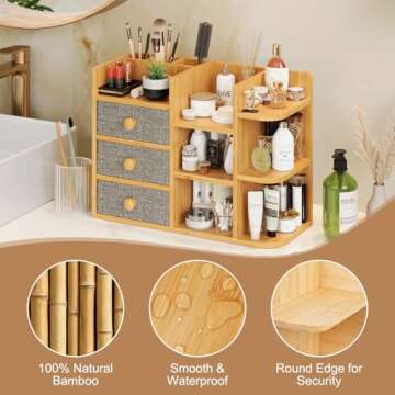 Makeup Organizer Countertop, Cosmetic Skincare Organizers With 3 Makeup Brush Holders/3 Drawers/7 Storage Shelves, Elegant Bamboo Make Up Storage Organizers Holder For Counter Vanity Dresser Bathroom