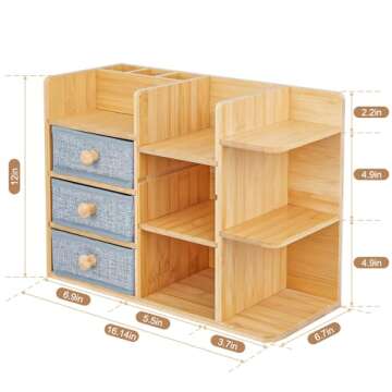 Makeup Organizer Countertop, Cosmetic Skincare Organizers With 3 Makeup Brush Holders/3 Drawers/7 Storage Shelves, Elegant Bamboo Make Up Storage Organizers Holder For Counter Vanity Dresser Bathroom