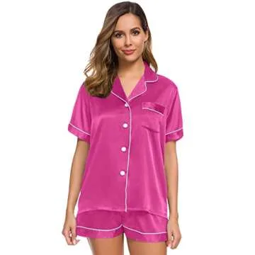 SWOMOG Womens Silk Satin Pajamas Short Sleeve Loungewear Two-Piece Sleepwear Button-Down Pj Set Rose...