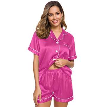 SWOMOG Womens Silk Satin Pajamas Short Sleeve Loungewear Two-Piece Sleepwear Button-Down Pj Set Rose Red