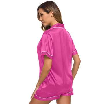 SWOMOG Womens Silk Satin Pajamas Short Sleeve Loungewear Two-Piece Sleepwear Button-Down Pj Set Rose Red