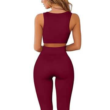 QINSEN Workout Outfits for Women 2 Piece Ribbed Seamless Crop Tank High Waist Yoga Leggings Sets (L, Wine)