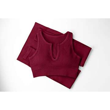 QINSEN Workout Outfits for Women 2 Piece Ribbed Seamless Crop Tank High Waist Yoga Leggings Sets (L, Wine)