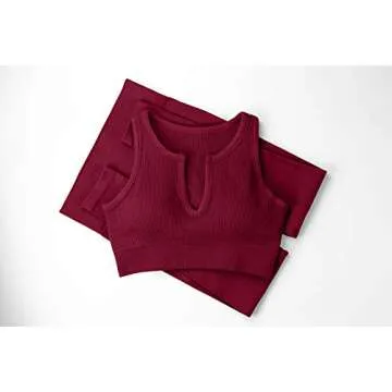QINSEN Workout Outfits for Women 2 Piece Ribbed Seamless Crop Tank High Waist Yoga Leggings Sets (L, Wine)