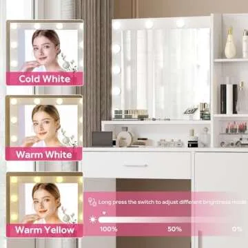 Palimder Vanity Desk with Mirror and Light, Large Drawer and Three Level Storage Dresser, 3 Lighting Modes Adjustable Brightness, Bedroom Dressing Table (White)